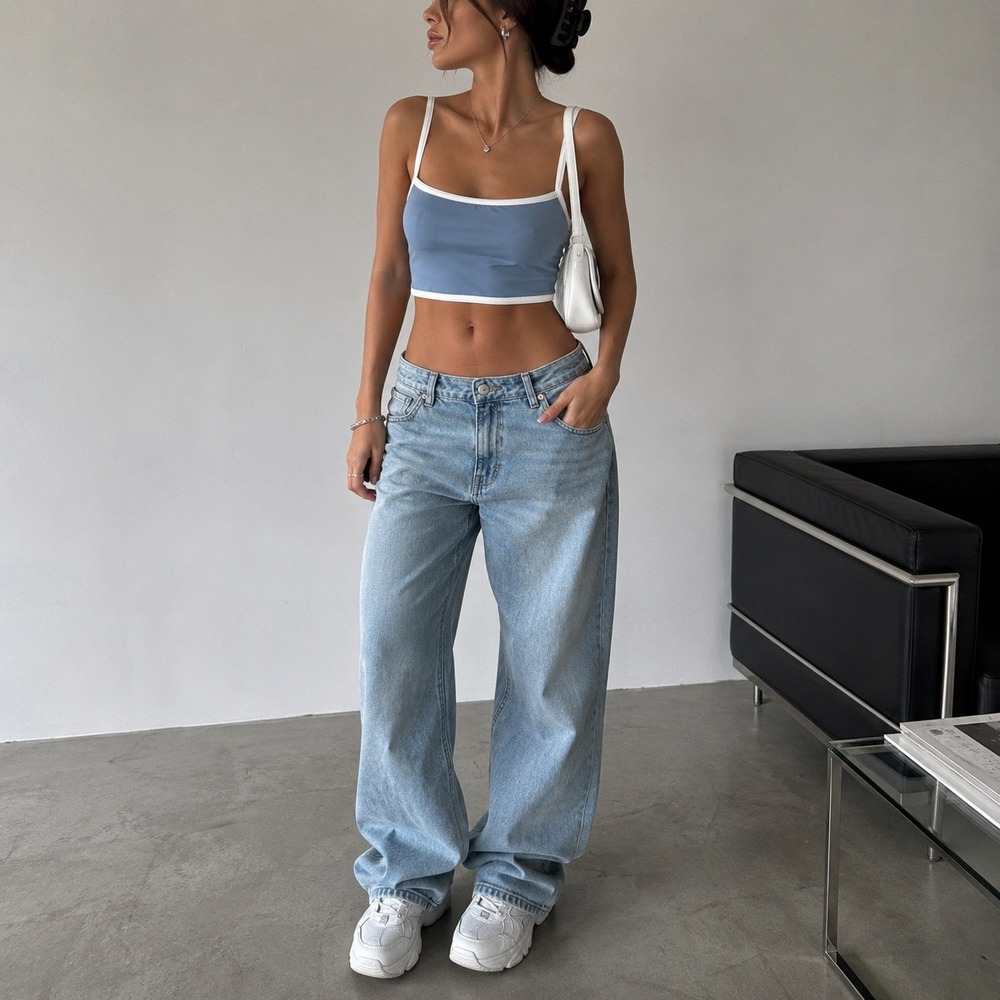 Y2K Casual Crop Top Womens Small Blue White NEW Camisole Tank Clean Girl